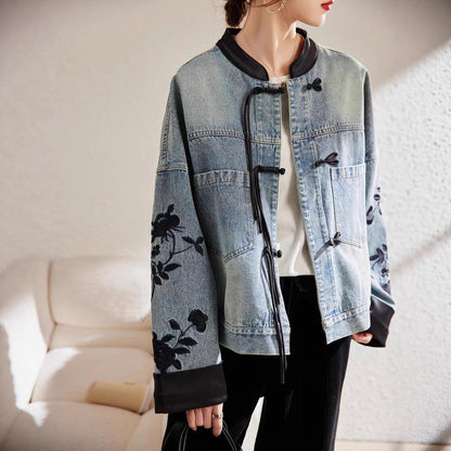 Damen Denimjacke mit Stickereien Bündchen Blumenmuster - Norvielle