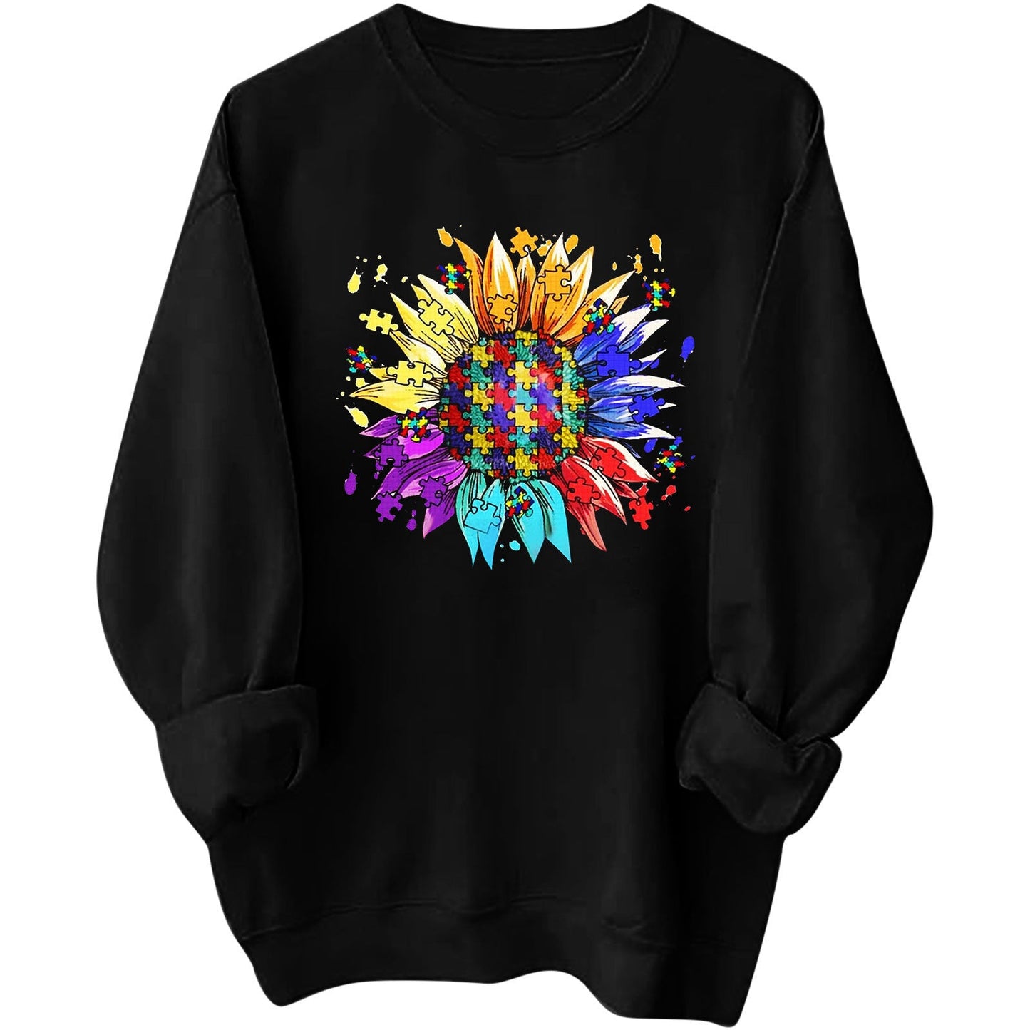 Damen Sweatshirt Puzzle-Blumenmotiv Bequem Norvielle
