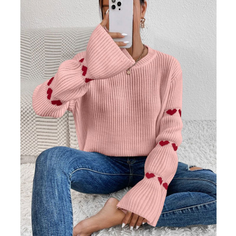 Damen Strickpullover Weite Ärmel Herz Applikationen Norvielle