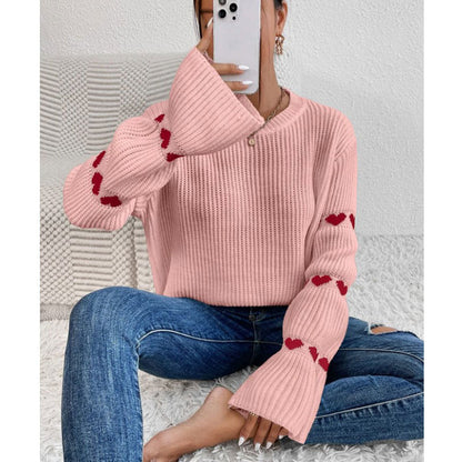 Damen Strickpullover Weite Ärmel Herz Applikationen Norvielle