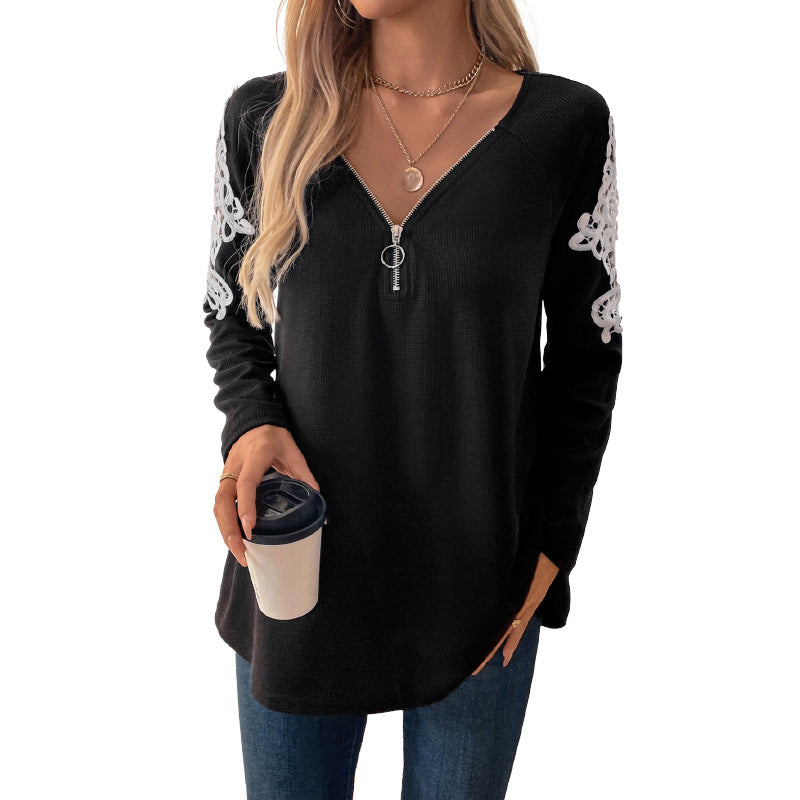 Damen Langarmshirt mit Reißverschluss und Spitze Norvielle