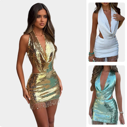 Damen Minikleid Glitzernd V-Ausschnitt Seitenschlitz - Norvielle