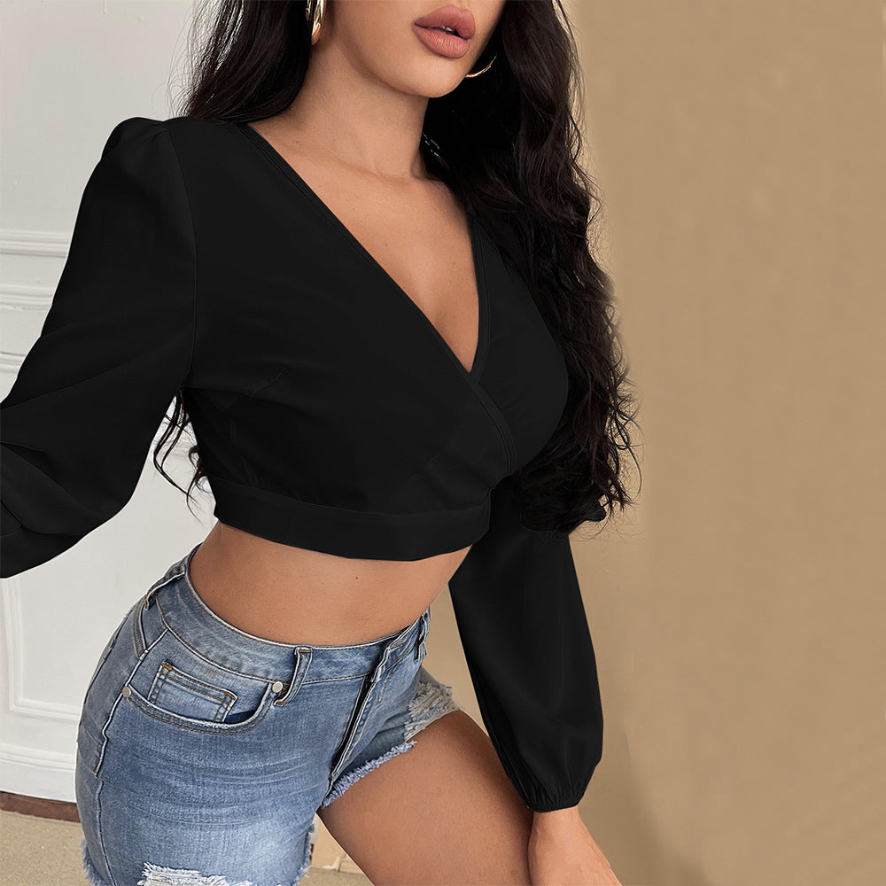 Damen Cropped Oberteil V-Ausschnitt Puffärmel Norvielle