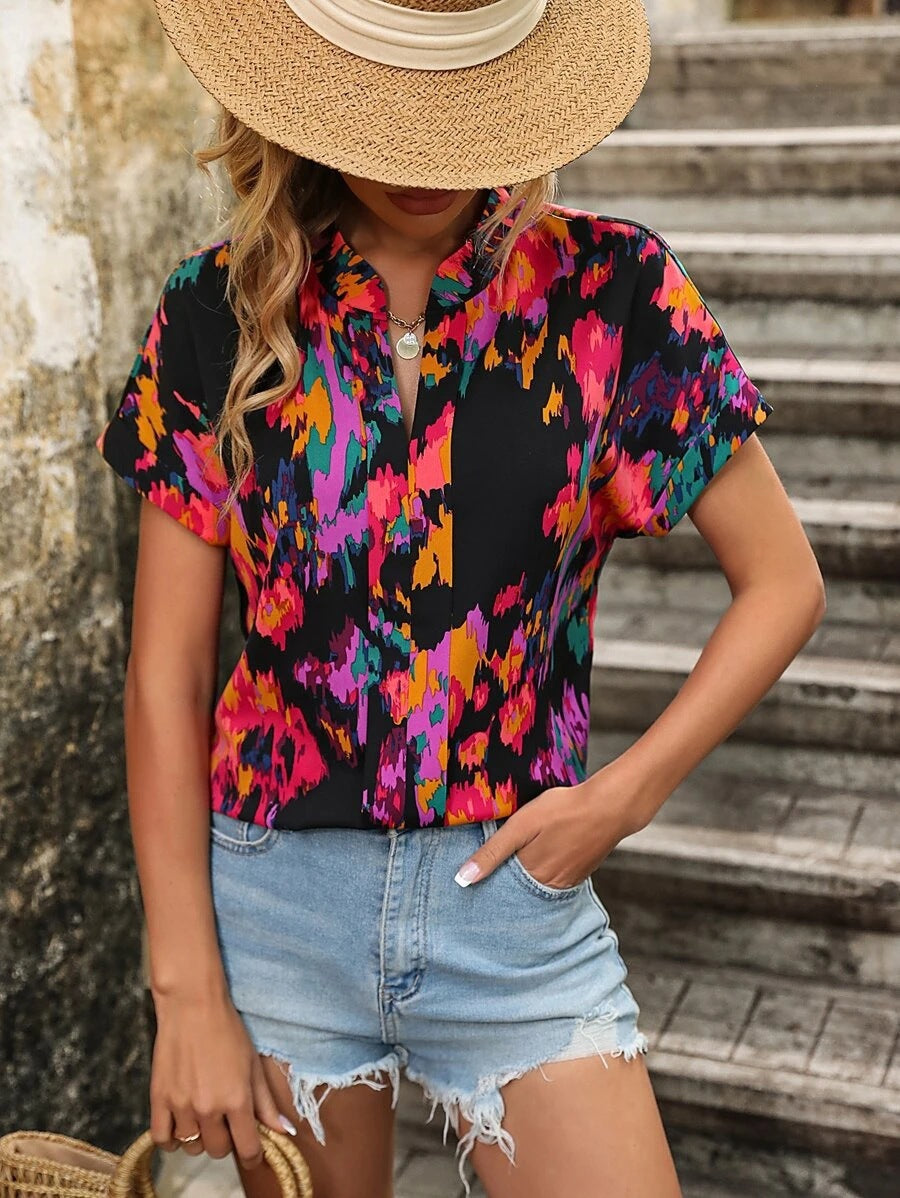 Damen Kurzarmbluse Paisley Muster Stehkragen