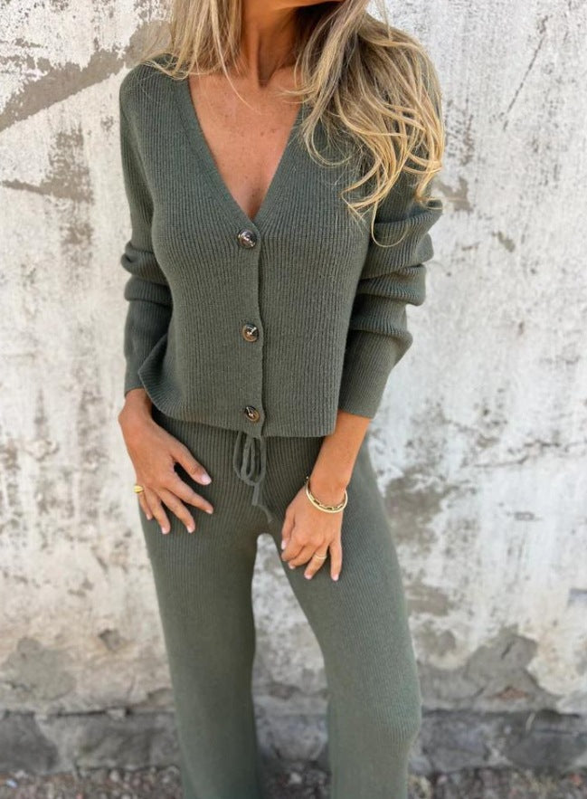 Damen Strickanzug V-Ausschnitt Elegant Knöpfe Norvielle