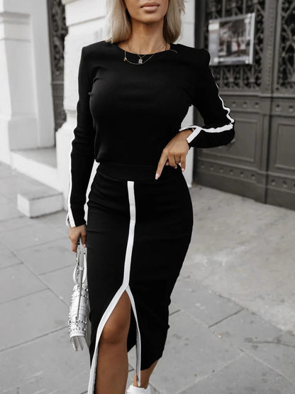 Damen Strickkleid Mit Seitenschlitz Kontraststreifen Elegant