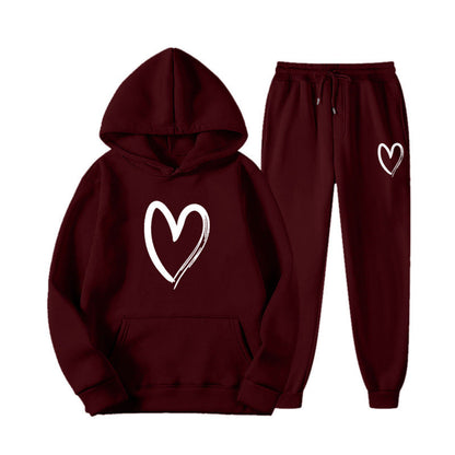 Damen Sweatanzug Kängurutasche Herzprint Grün