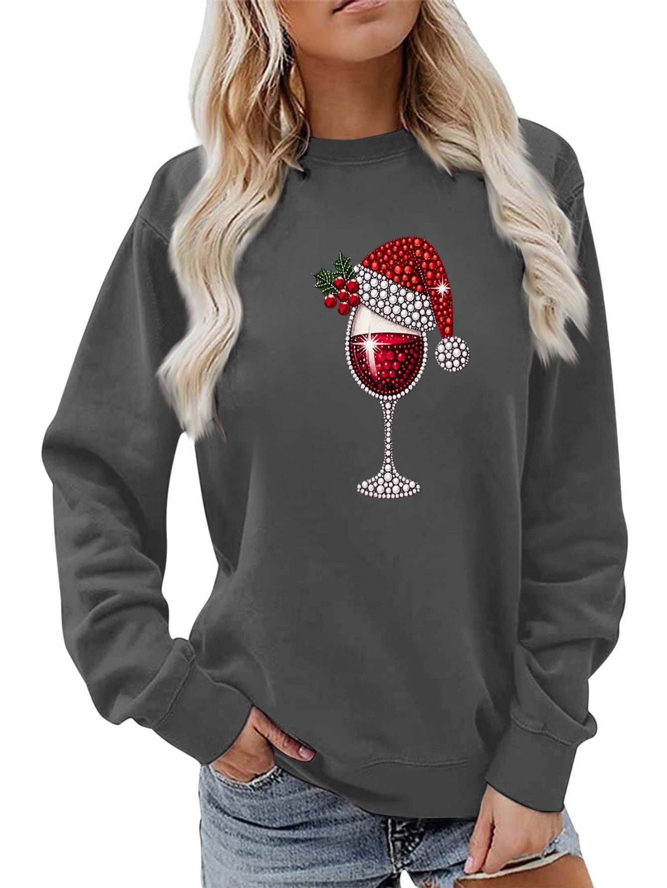 Damen Sweatshirt Weich Innenfutter Weinmotiv Norvielle