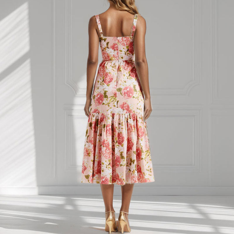 Damen Blumenkleid Rüschensaum schmale Träger Norvielle