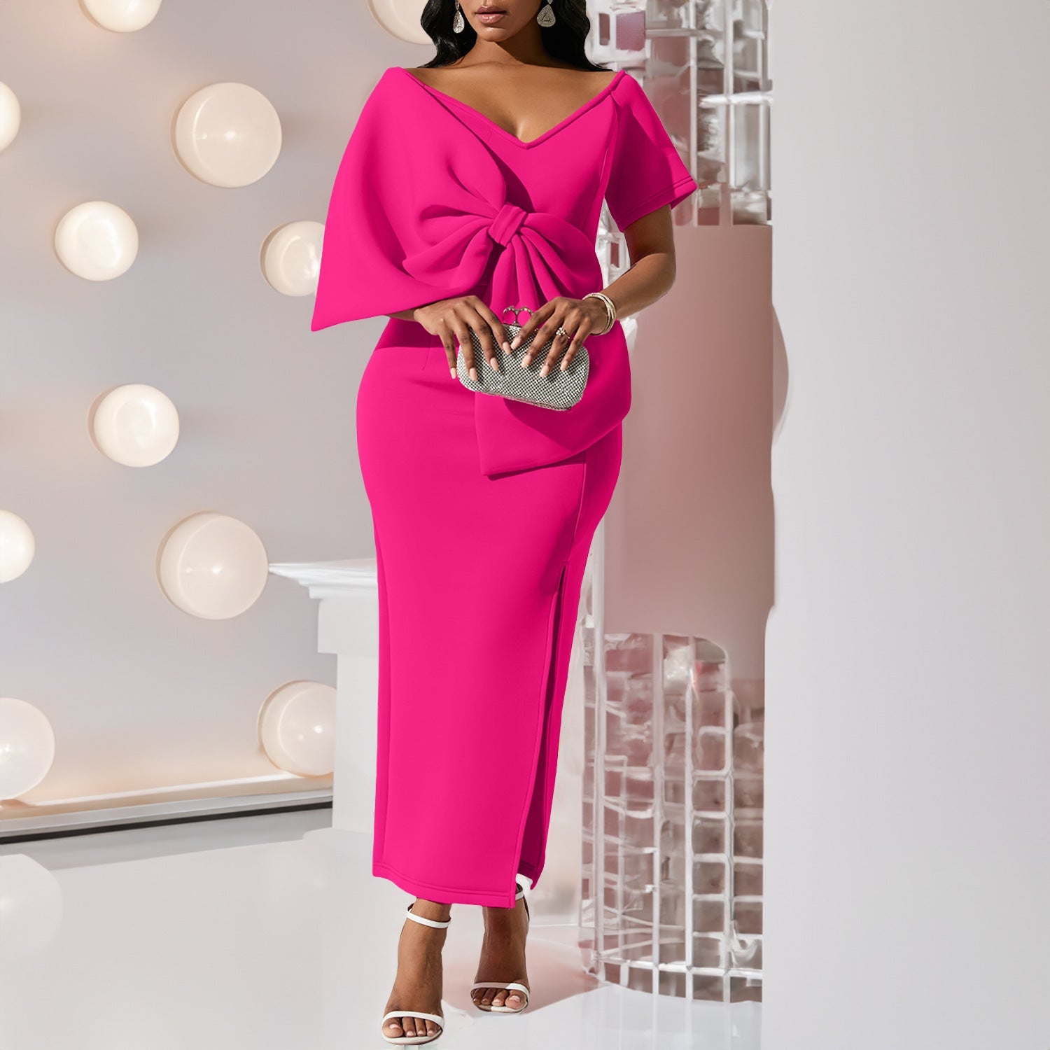 Damen Kleid Figurbetont Voluminöser Schleifendetail Schwarz - Norvielle