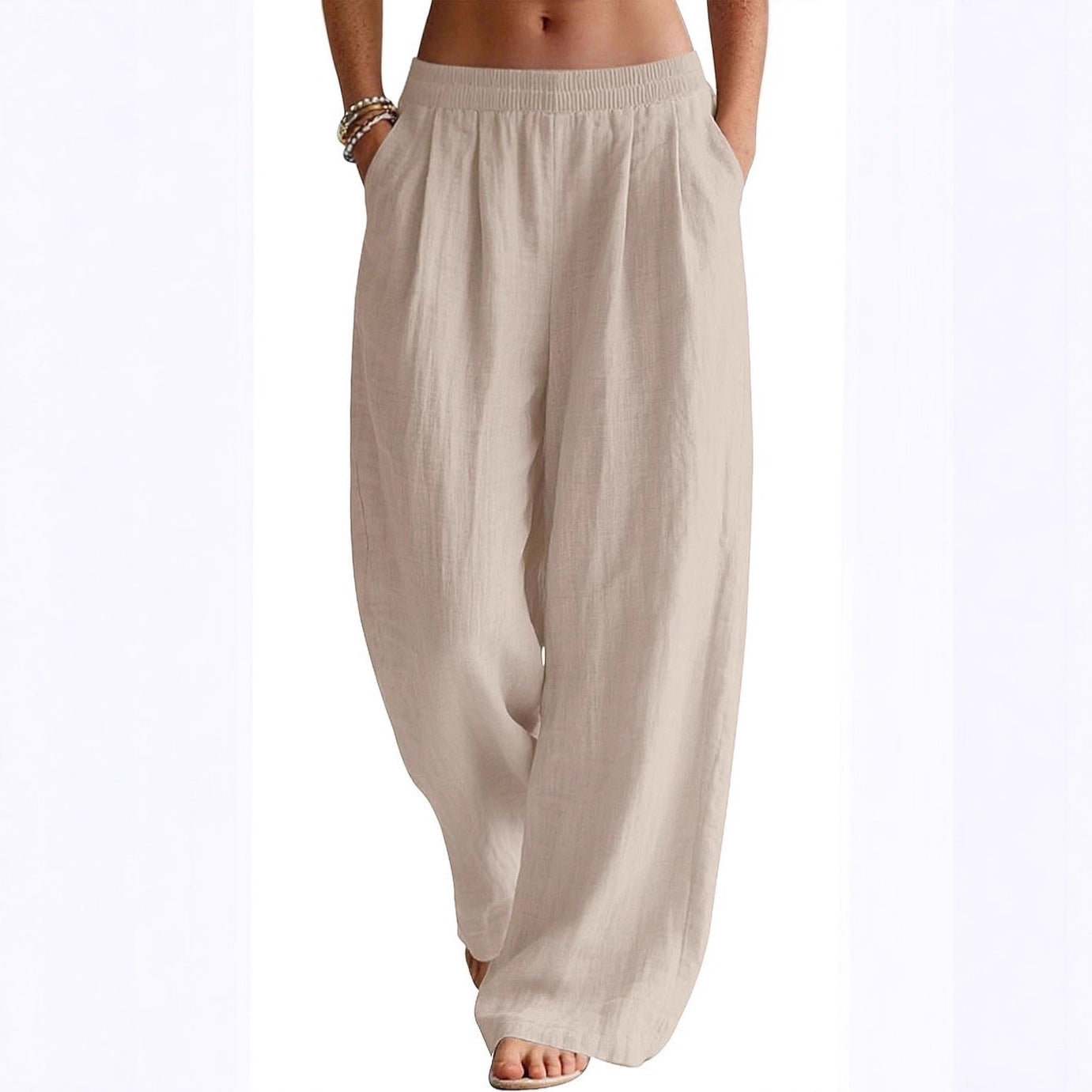 Damen Leinenhose Weit Bequem Elastischer Bund Norvielle - Norvielle