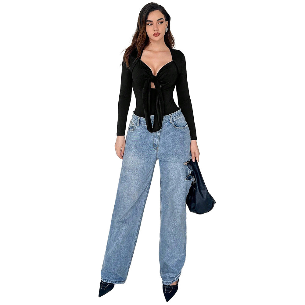 Damen Bodysuit Elegantes Design mit V-Ausschnitt und Knoten-Detail