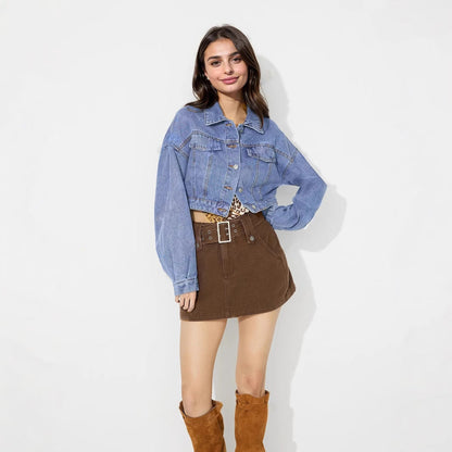 Damen Cropped Jeansjacke Voluminöse Ärmel Modische Knöpfe