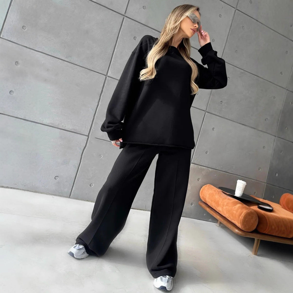Damen Sweatanzug Weites Design Modisches Detail Schwarz - Norvielle