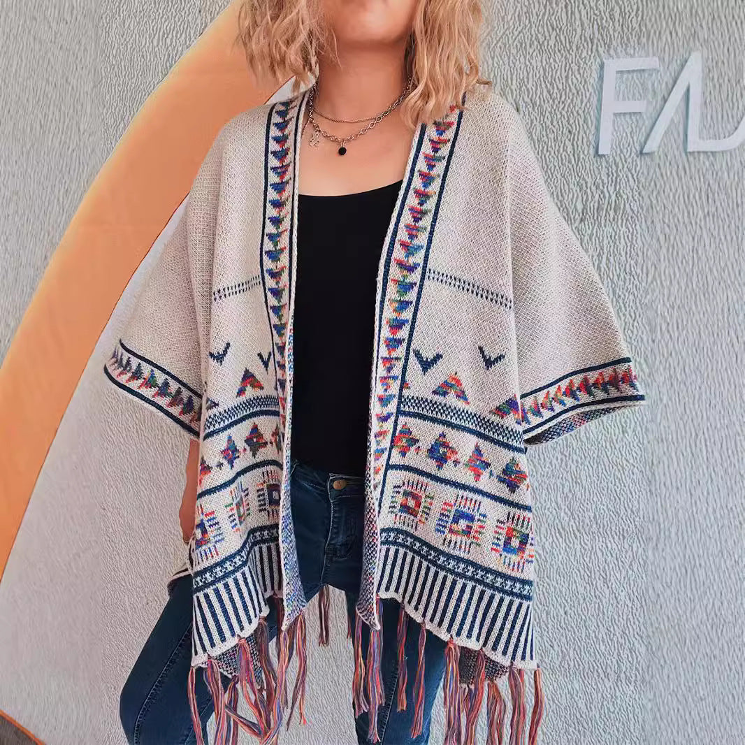 Damen Strickponcho Bunt Muster Fransenverzierung