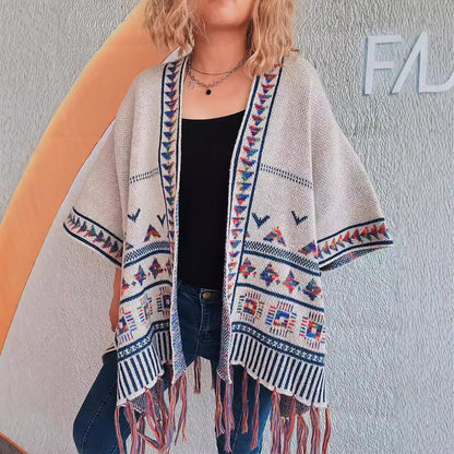 Damen Strickponcho Bunt Muster Fransenverzierung