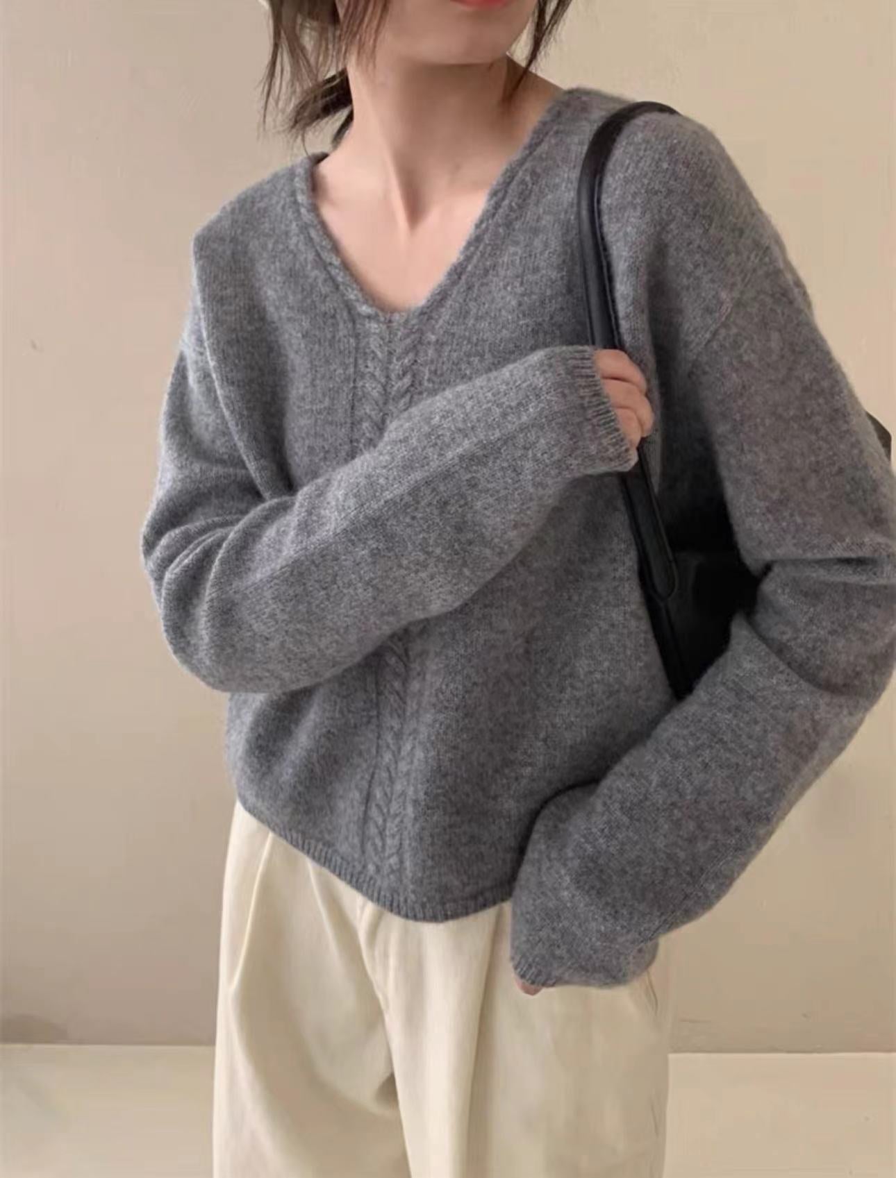 Damen Oversized Pullover V-Ausschnitt Feinstrick Weiß