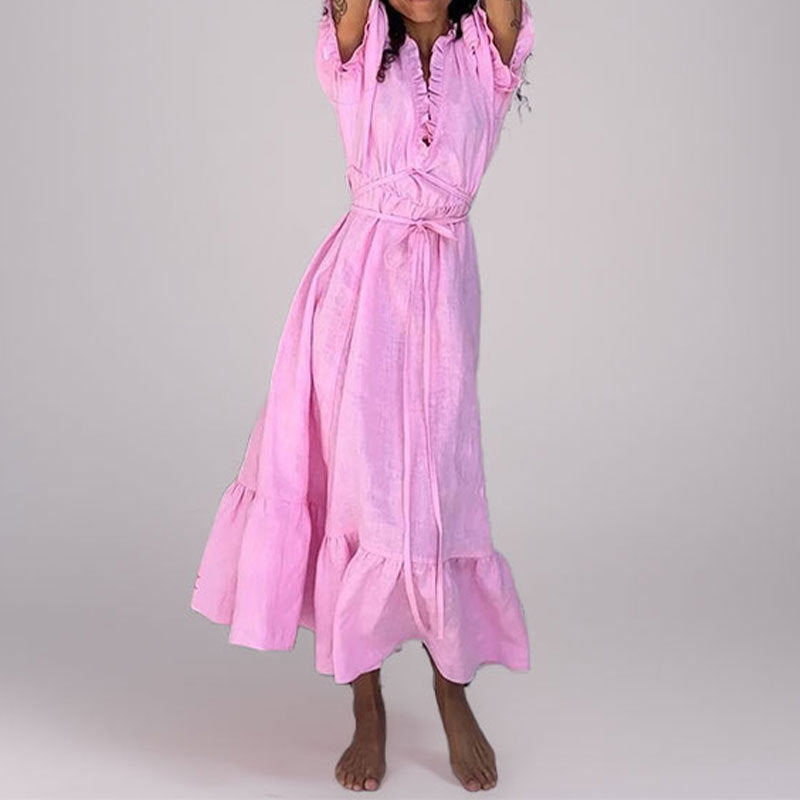 Damen Maxikleid Wickeloptik Rüschensaum Norvielle