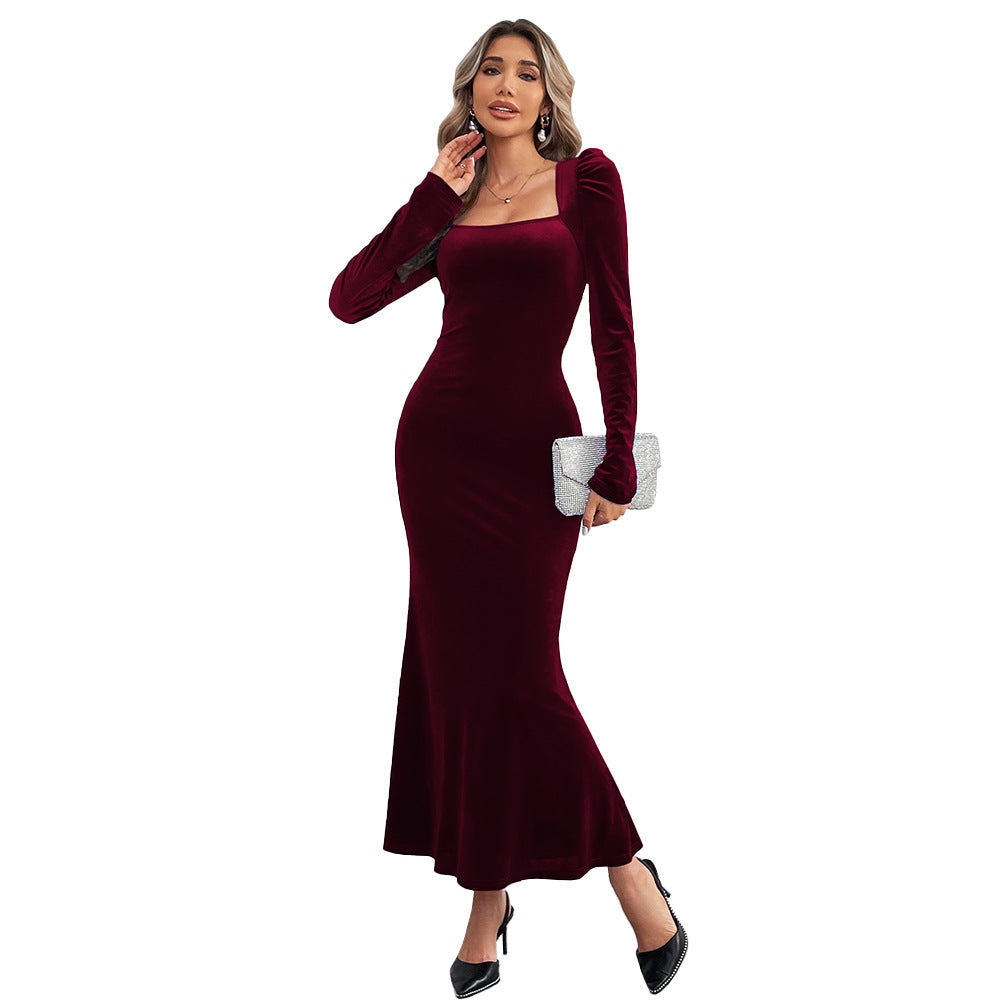 Damen Maxikleid Samt Elegant Längsärmel
