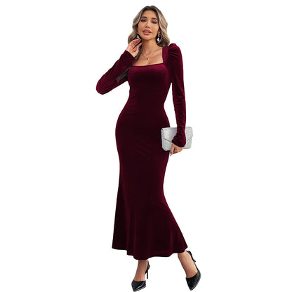 Damen Maxikleid Samt Elegant Längsärmel