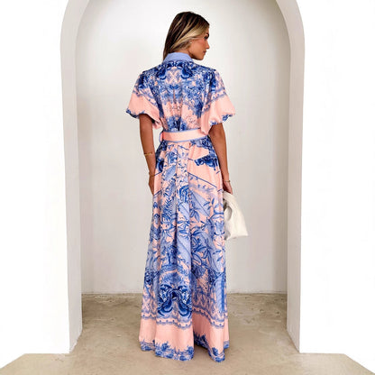 Damen Maxikleid Floralmuster Taillengürtel