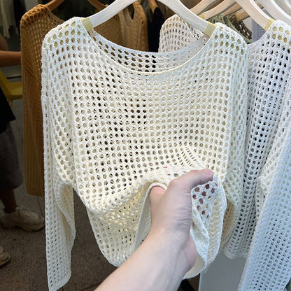 Damen Strickpullover Grobmasches Netzdesign Beige