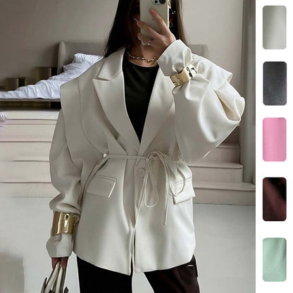 Damen Oversized Blazer mit Taillengürtel und Puffärmeln - Norvielle