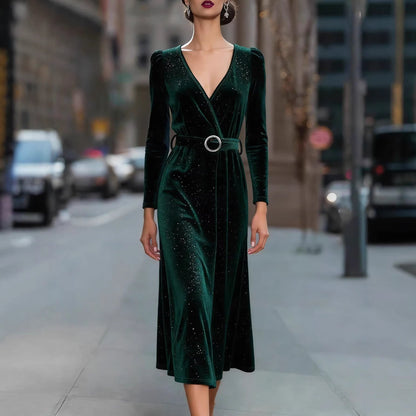 Damen Midikleid Samt Optik Glitzer Akzente Elegantes Design