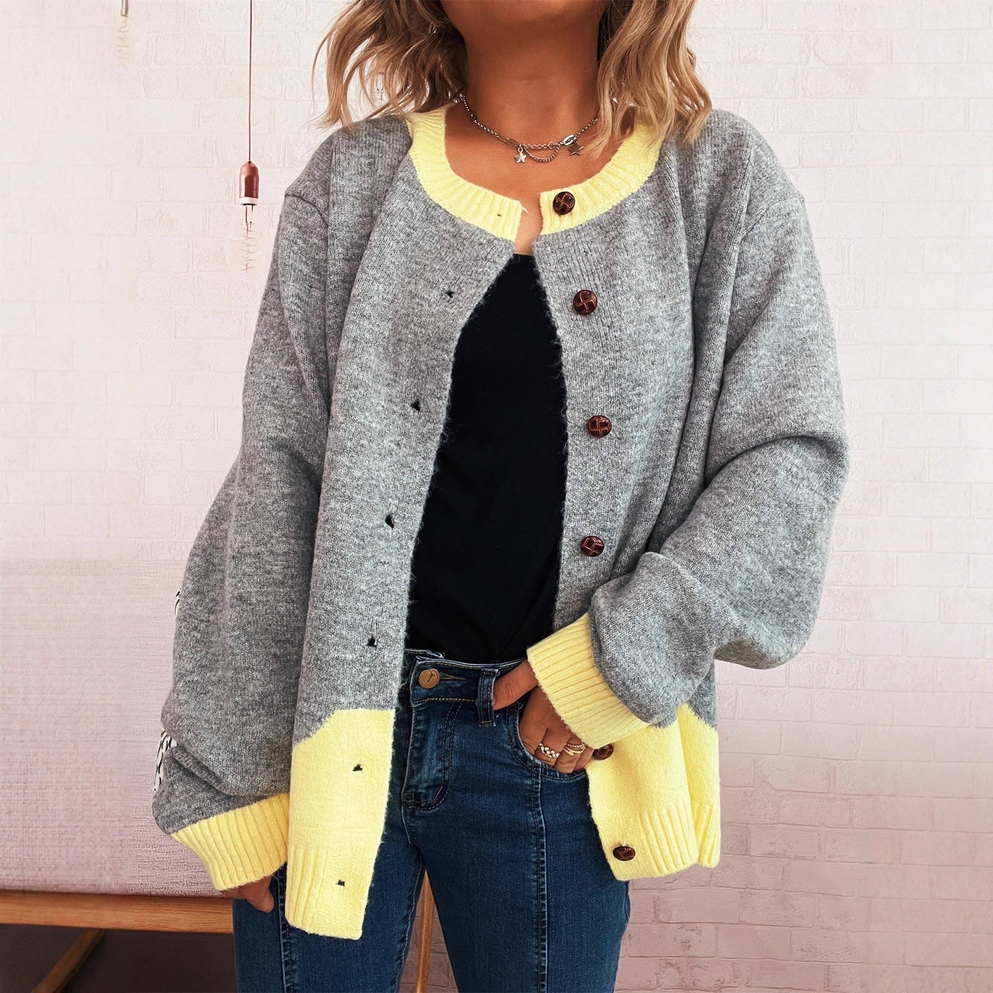Damen Strickjacke Kuschelig Kontrastbündchen Norvielle