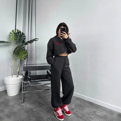 Damen Hoodie Jogginghose Set Cropped Oberteil Elastischer Bund