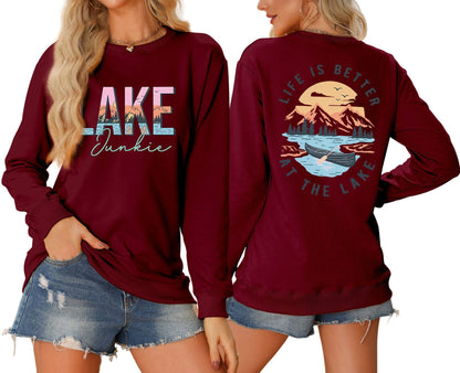 Damen Langarmshirt Lake-Motiv Leicht Lässig Weiß