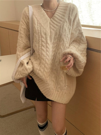 Damen Grobstrickpullover V-Ausschnitt Voluminöse Ärmel Norvielle