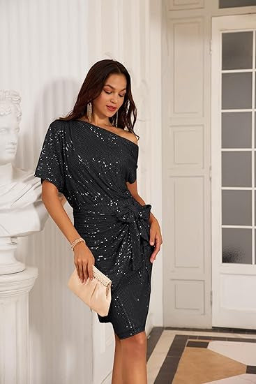 Damen Wickelkleid Asymmetrisch Glitzernd Pailletten