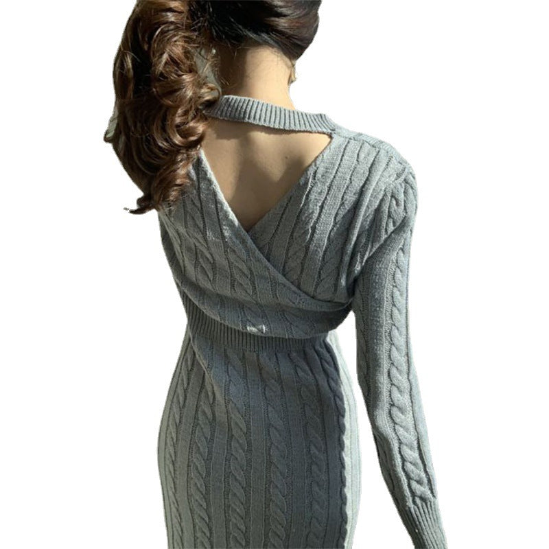Damen Langkleid Strick Zopfmuster Hochtaillenschnitt Bunt