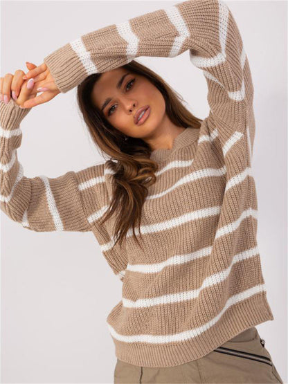Damen Grobstrickpullover Rundhalsausschnitt Lässiges Streifenmuster