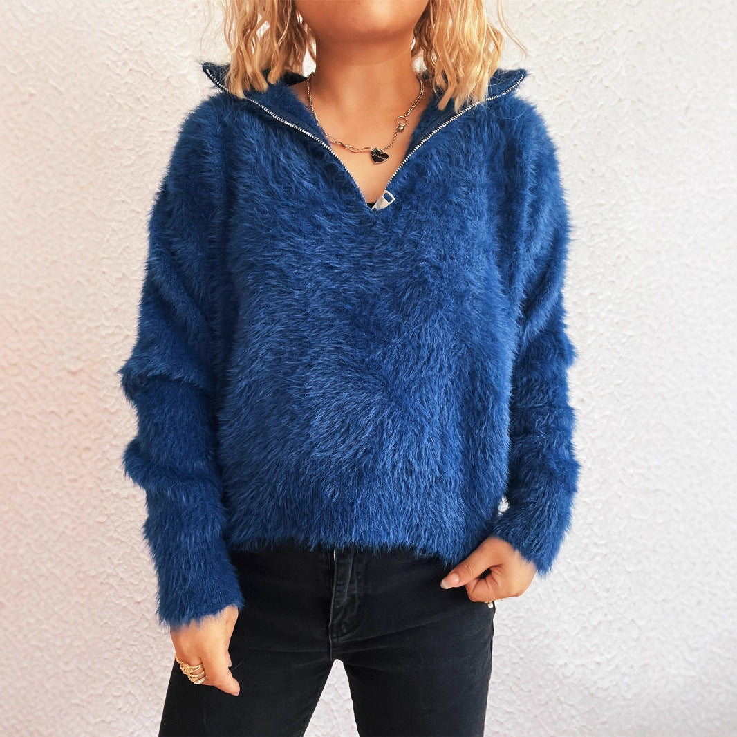 Damen Pullover Kuschelig Hochkragen Reißverschluss