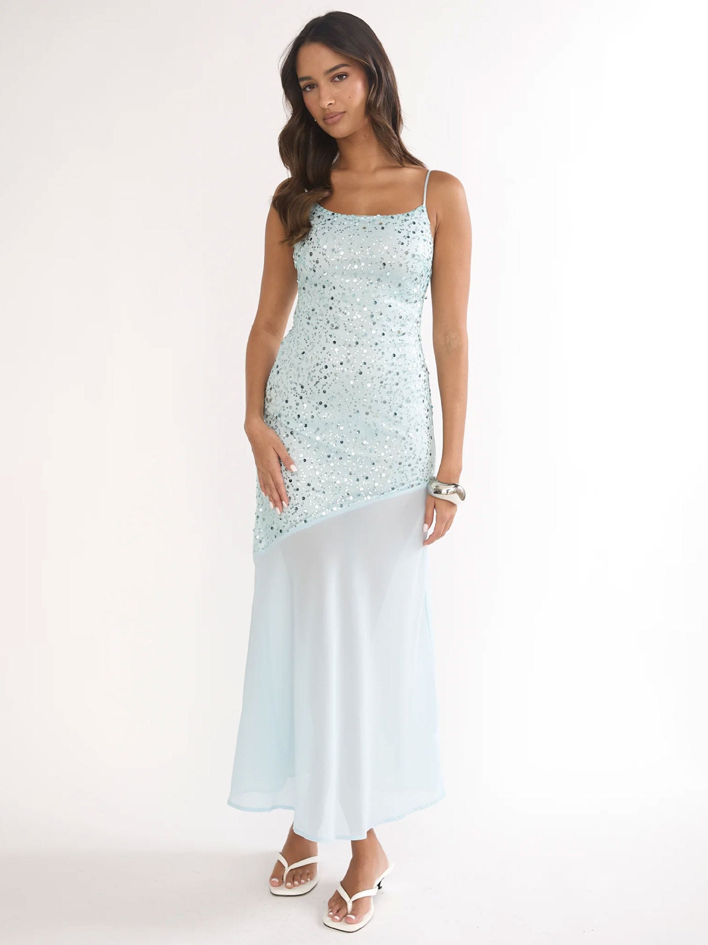 Damen Maxikleid Glitzernd Transparent Asymmetrisch Norvielle