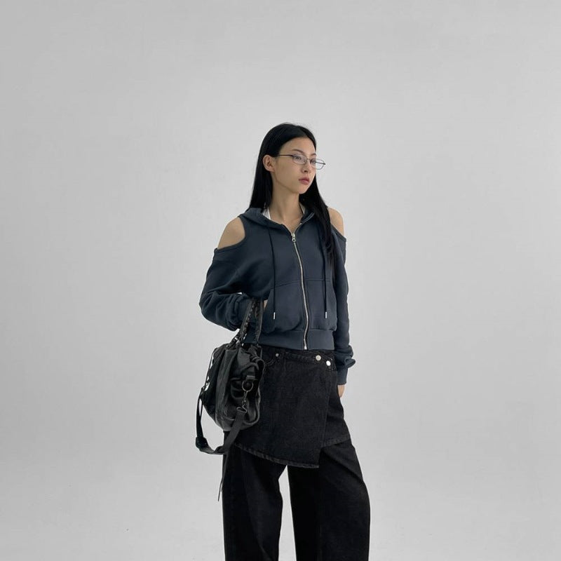 Damen Cropped Kapuzenpullover Cut-Out-Ärmel Norvielle