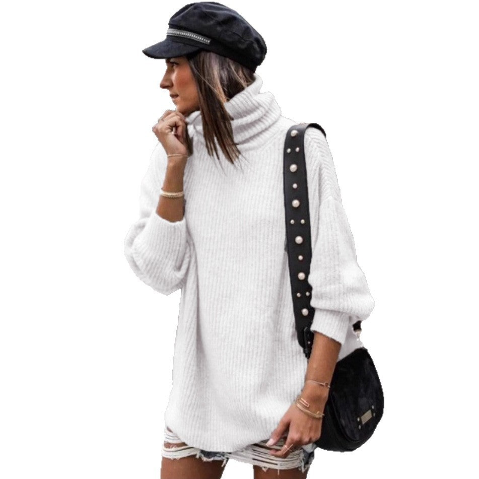 Damen Grobstrickpullover Hochkragen Elegante Knöpfe Norvielle