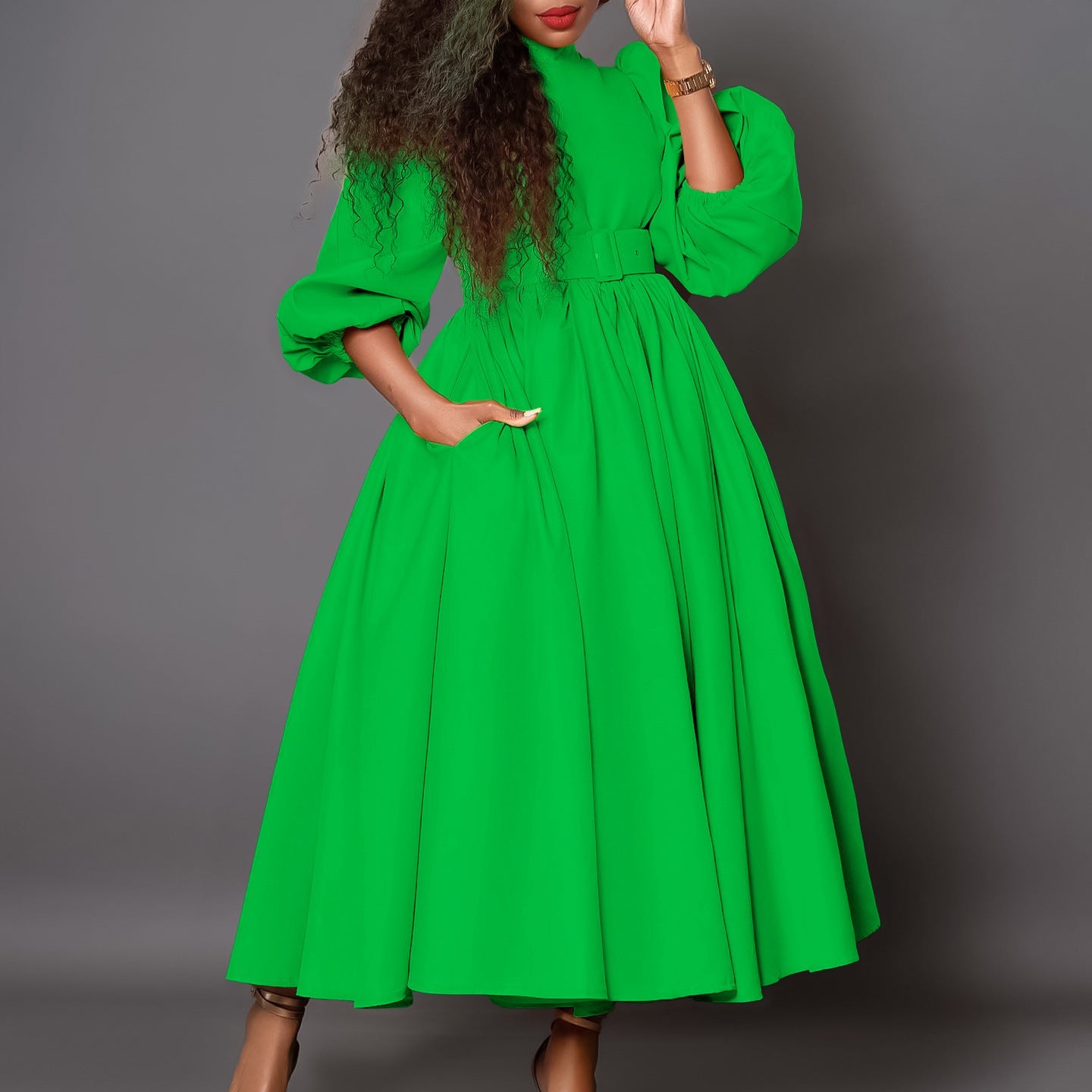 Damen Maxikleid Hochgeschlossener Kragen Abnehmbarer Gürtel Norvielle