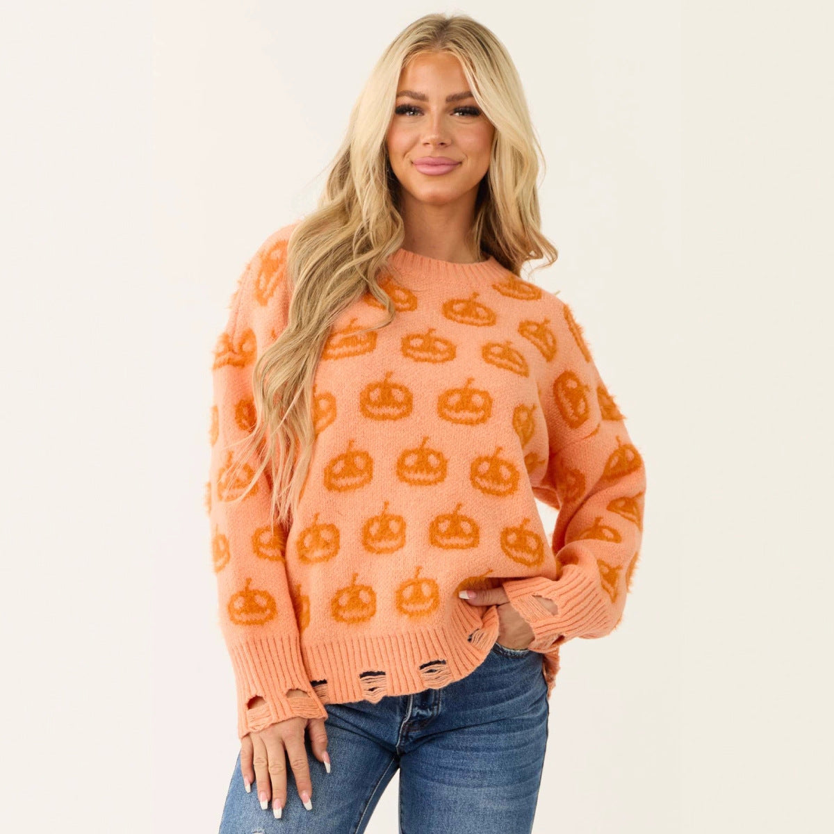 Damen Strickpullover mit Kürbis-Motiv Elastischer Saum Beige - Norvielle