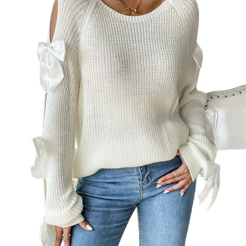 Damen Strickpullover Offene Armgestaltung Dekorative Schleifen