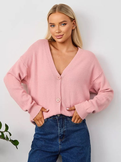 Damen Cardigan Grobstrick V-Ausschnitt Taschen Beige