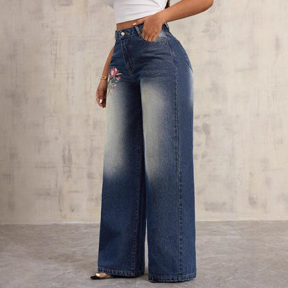 Damen Weite Jeans Blumenstickerei Norvielle