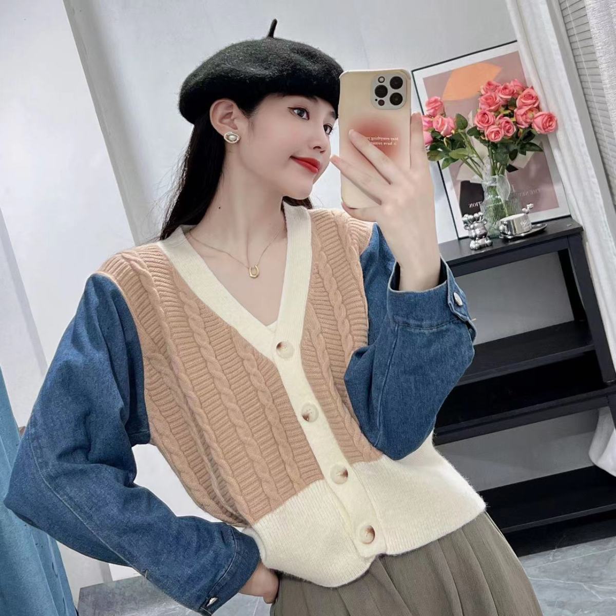 Damen Strickcardigan mit Denim Ärmeln