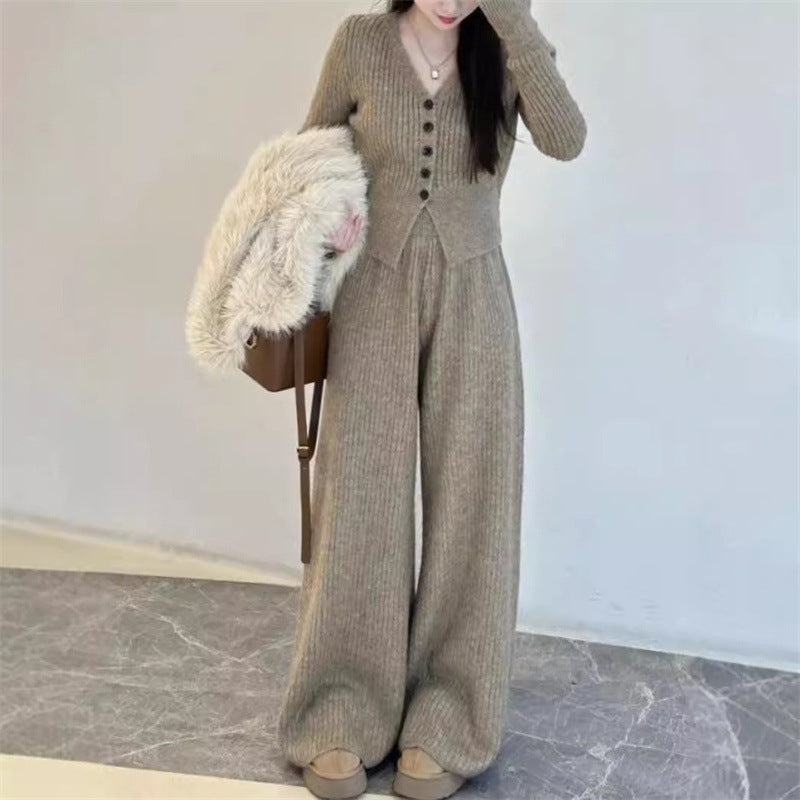 Damen Strickanzug Lässiger Schnitt Mit Knöpfen Beige