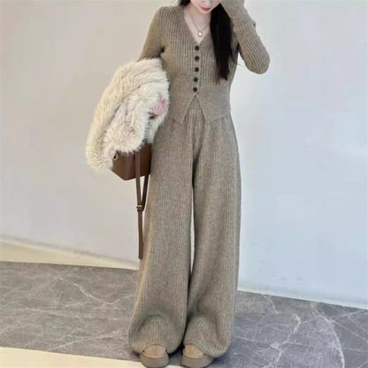 Damen Strickanzug Lässiger Schnitt Mit Knöpfen Beige