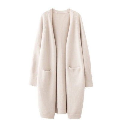 Damen Strickjacke Lässig Offener Schnitt Tiefen Taschen Beige