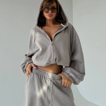 Damen Velours Jogginganzug Set Kapuze Weite Passform