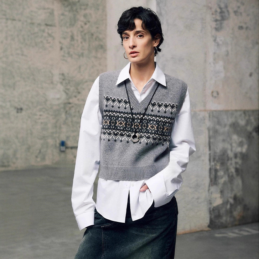 Damen Strickpullover V-Ausschnitt Geometrisches Muster Norvielle